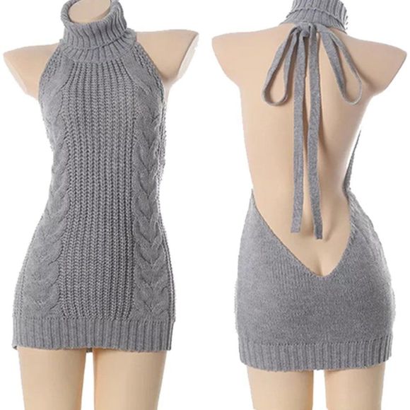 Virgin Killer Sweater Dress  Backless Sleeveless | Women Sexy Knit Dress - Picture 9 of 9